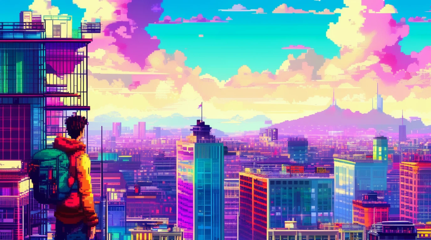 man on the top of building, view city, vibrant colors, masterpiece, beautiful landscape, sky, Pixel Art, highly detailed <lora:pixel_art_lora:1>