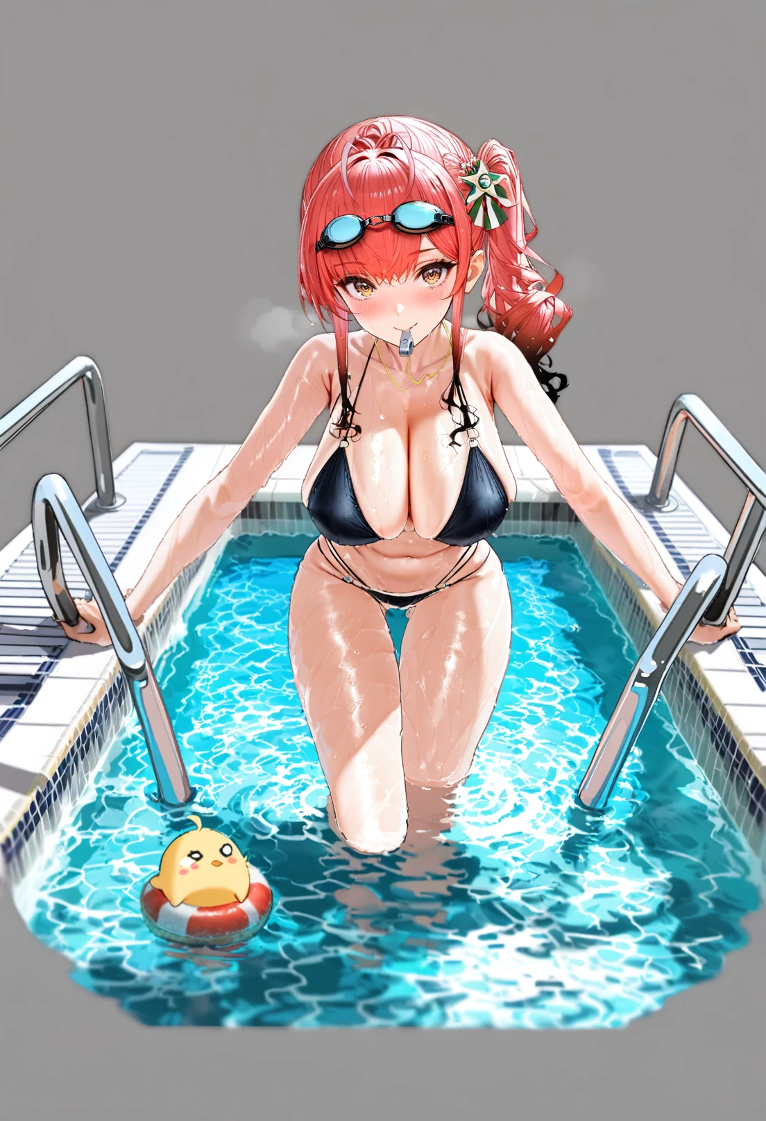 grey background, masterpiece, best quality, <lora:GachaAzurLaneXL_ANI31_lokr_V4236:0.95> 1girl, goggles, zara \(poolside coincidence\) \(azur lane\), zara \(azur lane\), breasts, swimsuit, goggles on head, bikini, official alternate costume, whistle, solo, pool ladder, red hair, side ponytail, cleavage, large breasts, black bikini, o-ring, looking at viewer, pool, wet, navel, o-ring bikini, long hair, blush, manjuu \(azur lane\), mouth hold, water, whistle around neck, ahoge, collarbone, poolside, smile, climbing, thighs, sidelocks, bare shoulders, swim ring, hair ornament, turret, yellow eyes, wading, thigh gap, innertube, skindentation, tiles