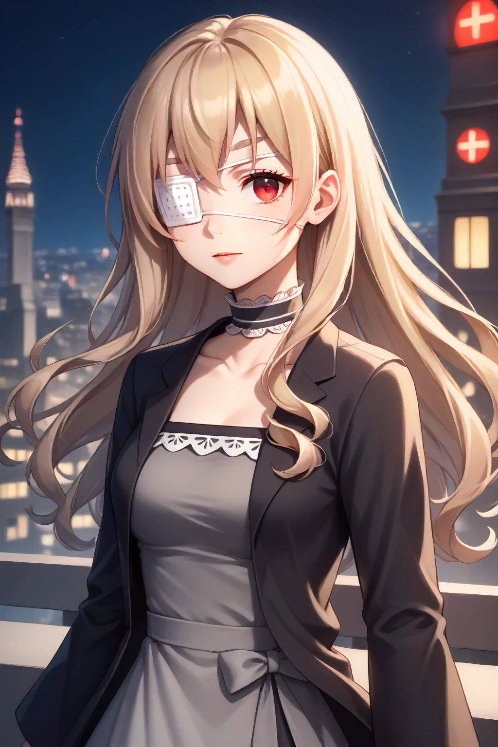 score_9, score_8_up, score_7_up, source_anime BREAK
masterpiece, best quality,
1girl, noel cerquetti, blonde hair, red eyes, long hair, black jacket, grey dress, frilled dress, frilled collar, medical eyepatch, missing limb, missing arm, collarbone
,delicate, beautiful,colorful, vividcolor, lighting, city, night, upper body, portrait,
<lora:noel_cerquetti_pony:1>, (masterpiece, best quality:1),