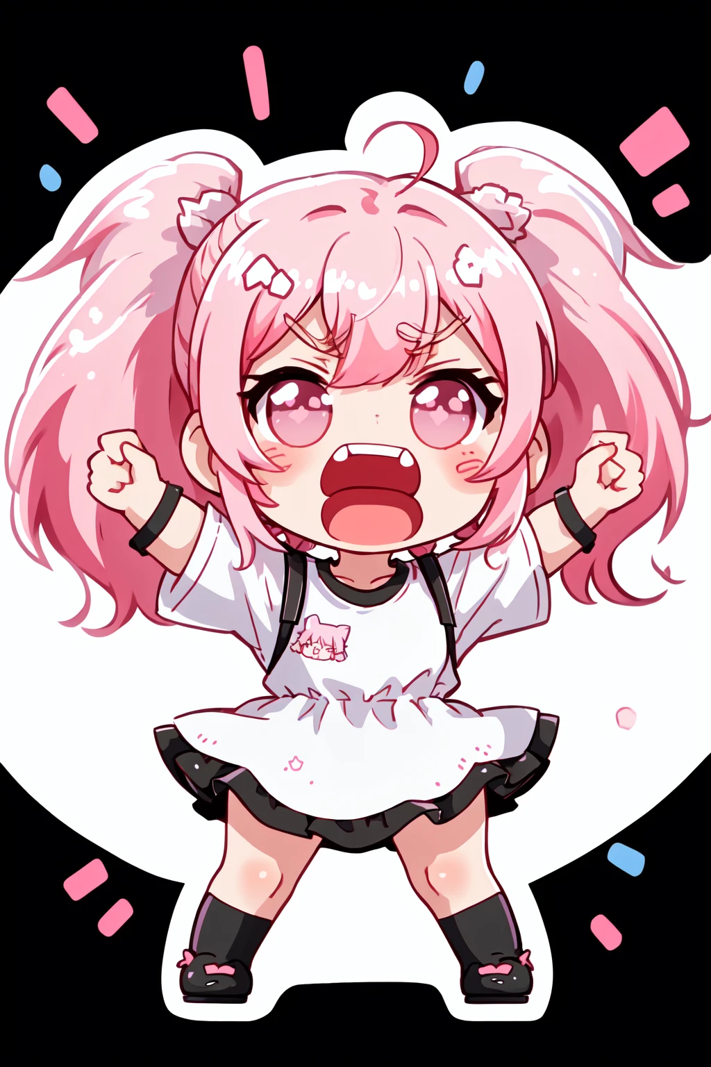 chibi, white outline, sticker, simple background, black background, 1girl, twin tails, pink hair, ahegao, yelling, screaming, twitch emote, <lora:NijiEmoteV2:1>