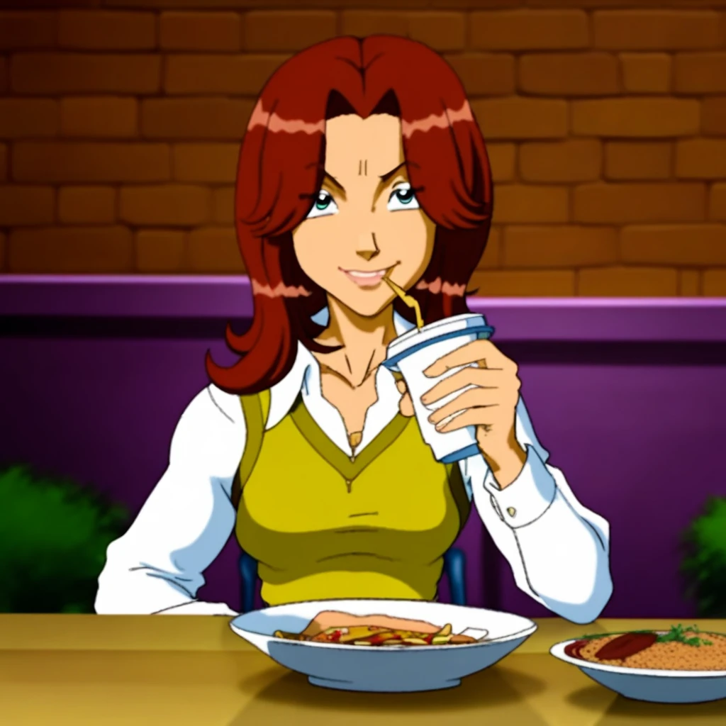 1boy, pants, food, vivian michelle, cup, looking at viewer, table, martin mystery, parted lips, smile