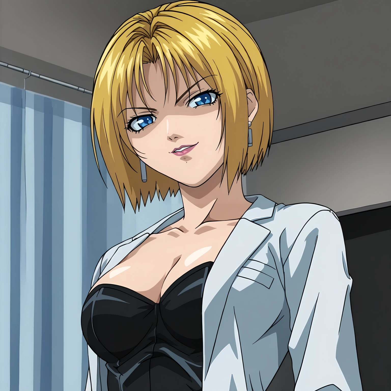 <lora:KitamiReikaXLpony001:0.9>,smirk,shaded_face,parted lips,
solo,
KitamiReika,1girl,blonde hair,medium hair,blue eyes,medium breasts,
earrings,
lab coat,
strapless,black dress,
black thighhighs,
