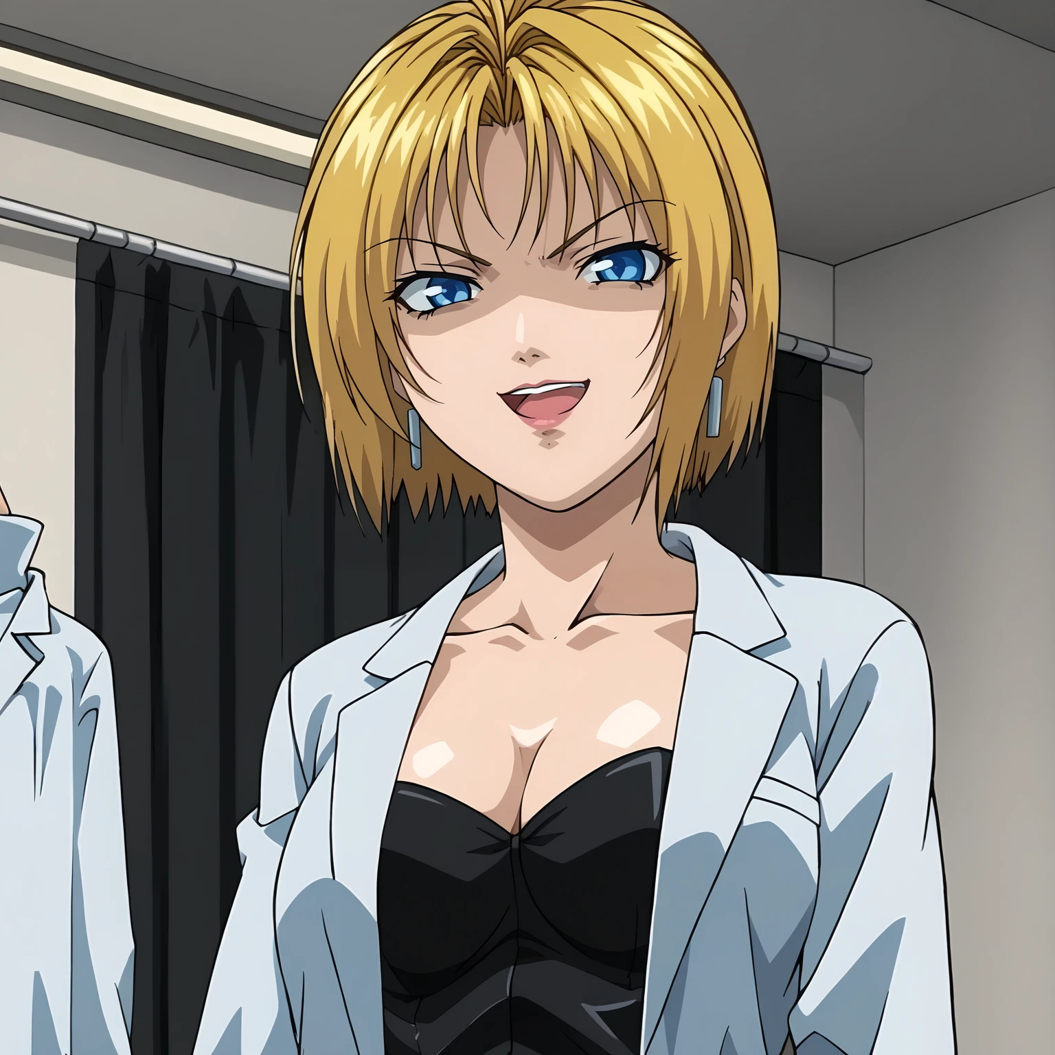 <lora:KitamiReikaXLpony001:0.9>,smirk,shaded_face,open mouth,
solo,
KitamiReika,1girl,blonde hair,medium hair,blue eyes,medium breasts,
earrings,
lab coat,
strapless,black dress,
black thighhighs,