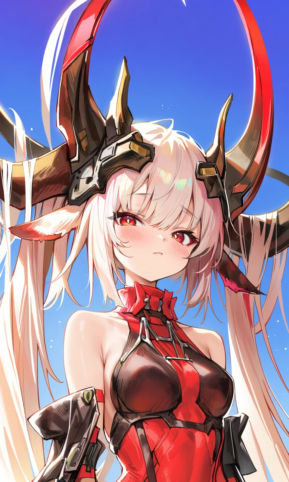 agoto, 1girl, queenepsilon, solo, horns, long hair, red eyes, very long hair, animal ears, looking at viewer, closed mouth, blush, white hair, twintails, bangs, cowboy shot, upper body, portrait, outdoors, sky, 
masterpiece, best quality, very aesthetic, absurdres,
<lora:Agoto_xl:1><lora:Fixhands_anime_bdsqlsz_V1:1>