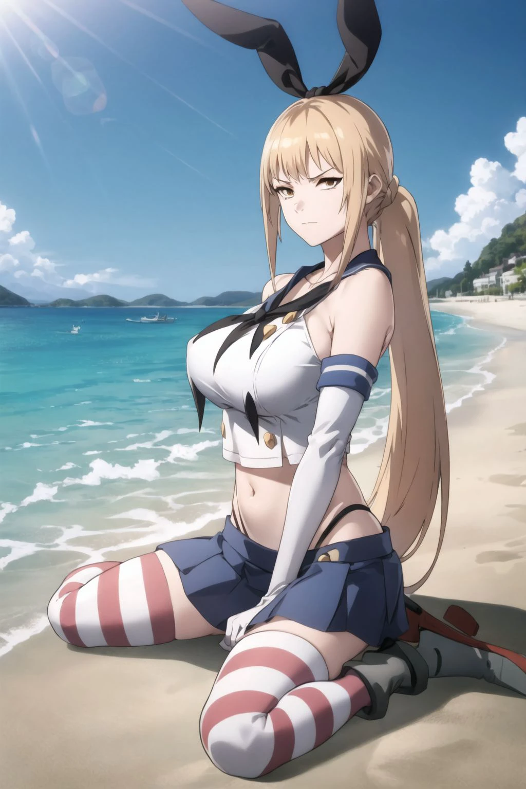 <lora:ShimaCos3070:1> shimacos, crop top, microskirt, elbow gloves, thighhighs
beach, sunlight
<lora:xianhua_anothereden:0.7>, xianhua_anothereden, 1girl, closed mouth
low ponytail
highres, ultra detailed
long hair
very long hair
full body
big breasts
sitting on floor, wariza, angry, highres, ultra detailed