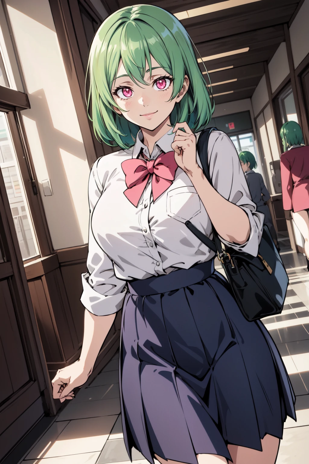 ((((kipteitei art)))), ((highres)),Masterpiece, high quality, best quality, beautiful, perfect lighting, detailed face, ultra cute face, ((1girl)), ((solo), very short hair, light pink hair, ((messy hair)), tomboy, red eyes, mean, cocky smile, smug, walking in school hallway, ((school uniform)), holding school bag, sweater tied around hip, 19 year old girl, medium breasts, cleavage, perky breasts, wide hips, thick thighs, dress shirt, green skirt,