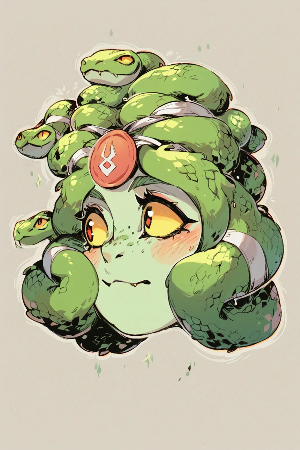 score_9, score_8_up, score_7_up, score_6_up, score_5_up, <lora:Dusa_Hades:1> dusa, gorgon, bandage, medallion, snakehair, blush, disembodied head, floating, neckless, monstergirl, scales sideview, looking to the side