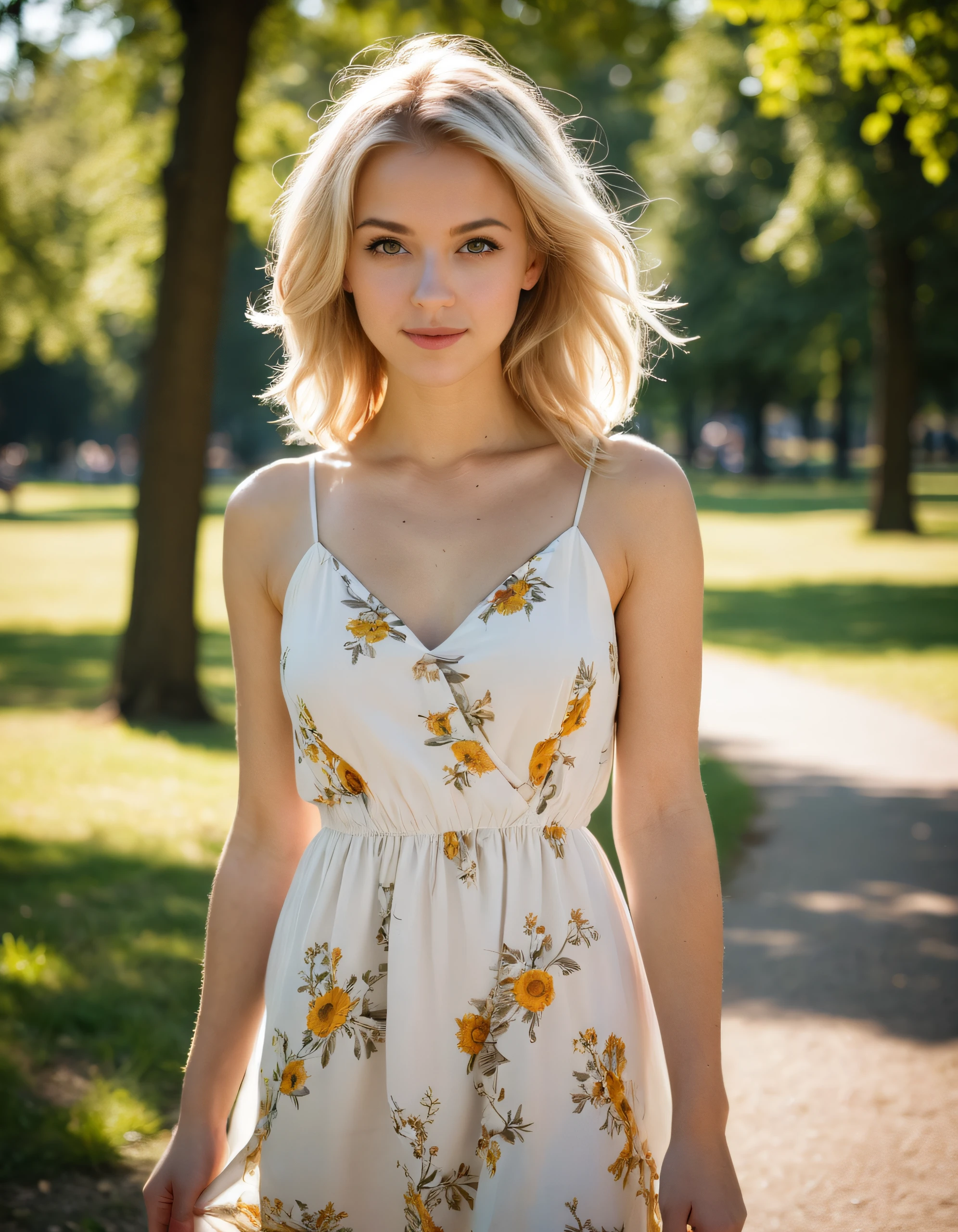 beautiful blonde, summerdress, in the park, sunny day