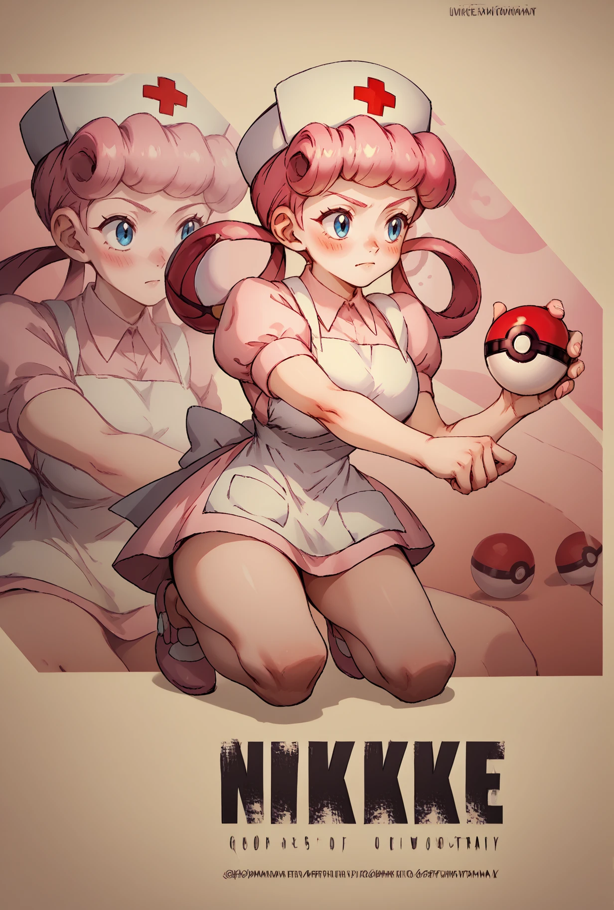 hat, dress, short sleeves, puffy sleeves, apron, puffy short sleeves, nurse cap, nurse, <lora:NikkeProfileV2_XLPD:1>, full body, zoom layer, on one knee, holding poke ball, poke ball, score_9, score_8_up,score_7_up, source_anime, 1girl, solo, <lora:EPpkNurseJoyPony_epoch_15:1>, eppknursejoy, pink hair, blue eyes, long hair, blush, large breasts, hair rings, bumper bangs,