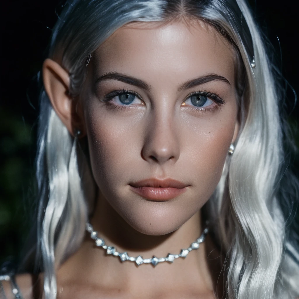 ((Skin texture)), no makeup, Super high res closeup face portrait photo of a elf princess with pointy ears outdoors with wavy silver hair, wearing a small necklace around her neck,illuminated by moonlight, f /2.8, Canon, 85mm,cinematic, high quality,looking at the viewer,  livxtylr,   <lora:livtyler_juggerX_xl_1_standard_wocap-livxtylr-000069:1>, (full lips)