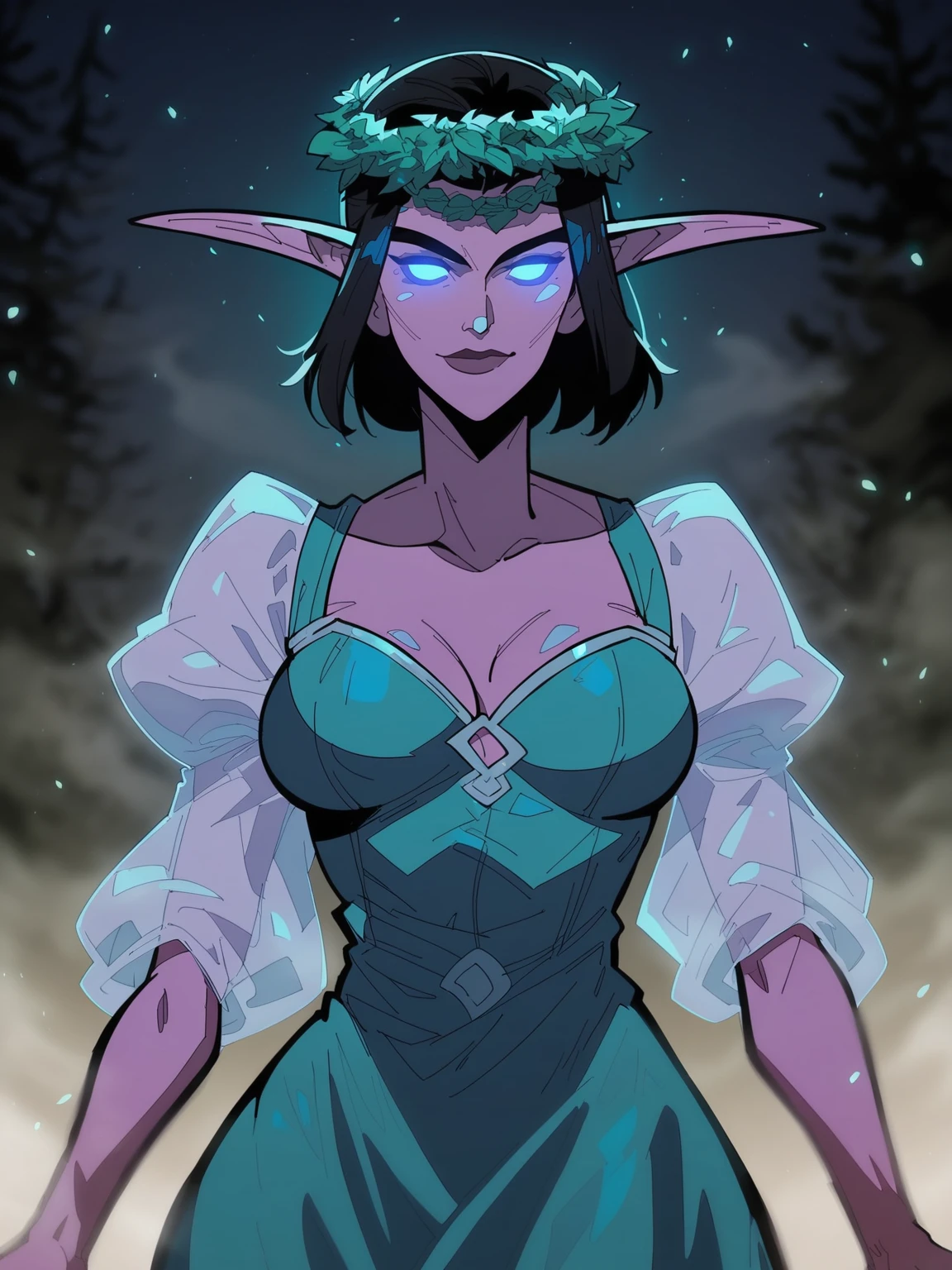 (masterpiece, top quality, best quality, official art, beautiful and aesthetic:1.2), (1girl:1.3), ((Sharp facial features, sharp features, hawkish features)), ((big hair, long elf ears, long black hair)), (((pale purple skin, pale blue skin, blue skin, purple skin))), big tiddy dark elf girl, extremely detailed, portrait, looking at viewer, solo, (full body:0.6), detailed background, full-body shot, (cold night mountain theme:1.1), dark elf war dancer, (spiky winged headdress), charlatan, smirk, mysterious, swaying in mountains, skimpy attire, revealing gladiatrix costume, ebony metal, gold filigree, gold bikini, circlet, metal bikini, long boots, dual knives, blood red fabric, pelvic curtain, loincloth, black leather, ((((gigantic breasts, cleavage, skindentation, long legs, pelvic curtain)))), cute belly button, toned tummy, slim waist, slim hips, long legs, medieval (mountain exterior:1.1) background, dark mysterious lighting, shadows, magical atmosphere, dutch angle