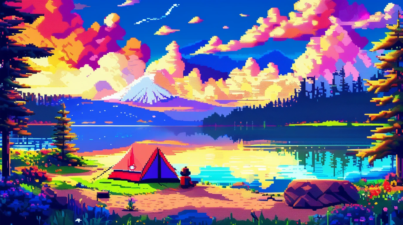team camping, view lake, pokemon, vibrant colors, masterpiece, beautiful landscape, sky, Pixel Art, highly detailed <lora:pixel_art_lora:1>