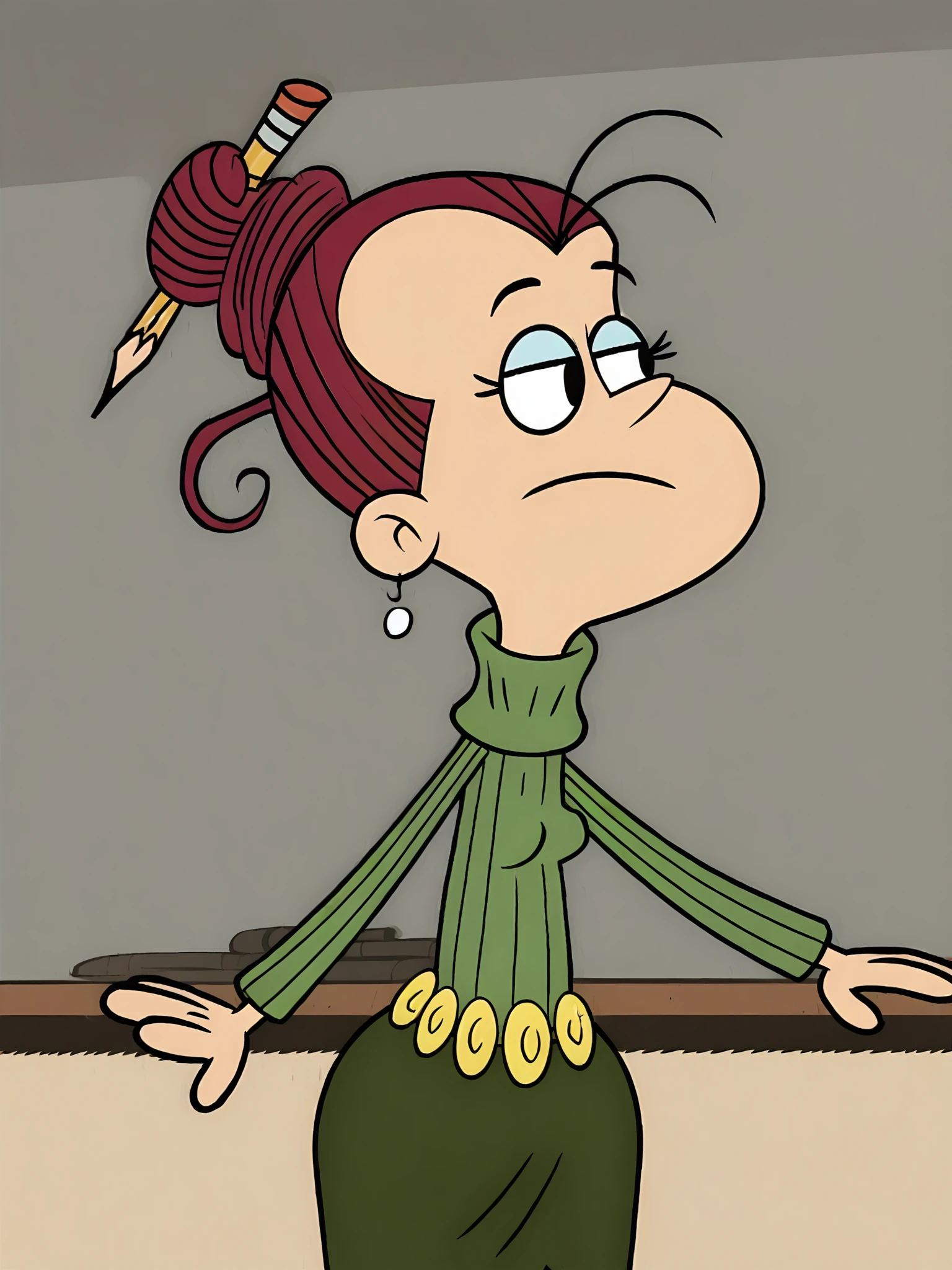 <lora:AgnesJohnsonPony1.0:1>agnesj, pencil in hair, turtleneck, solo, single hair bun, green sweater, belt, green skirt