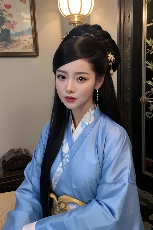 ltra-detailed,highly detailed,best quality,masterpiece,illustration,realistic,photorealistic,
sanshengmu, hanfu,
1girl, solo,
traditional clothes, chinese clothes, china dress,
jewelry, earrings,
long hair, black hair, hair ornament, bangs,
looking at viewer, upper body,
indoors, east asian architecture,
<lora:sanshengmu_v1_04:0.7>