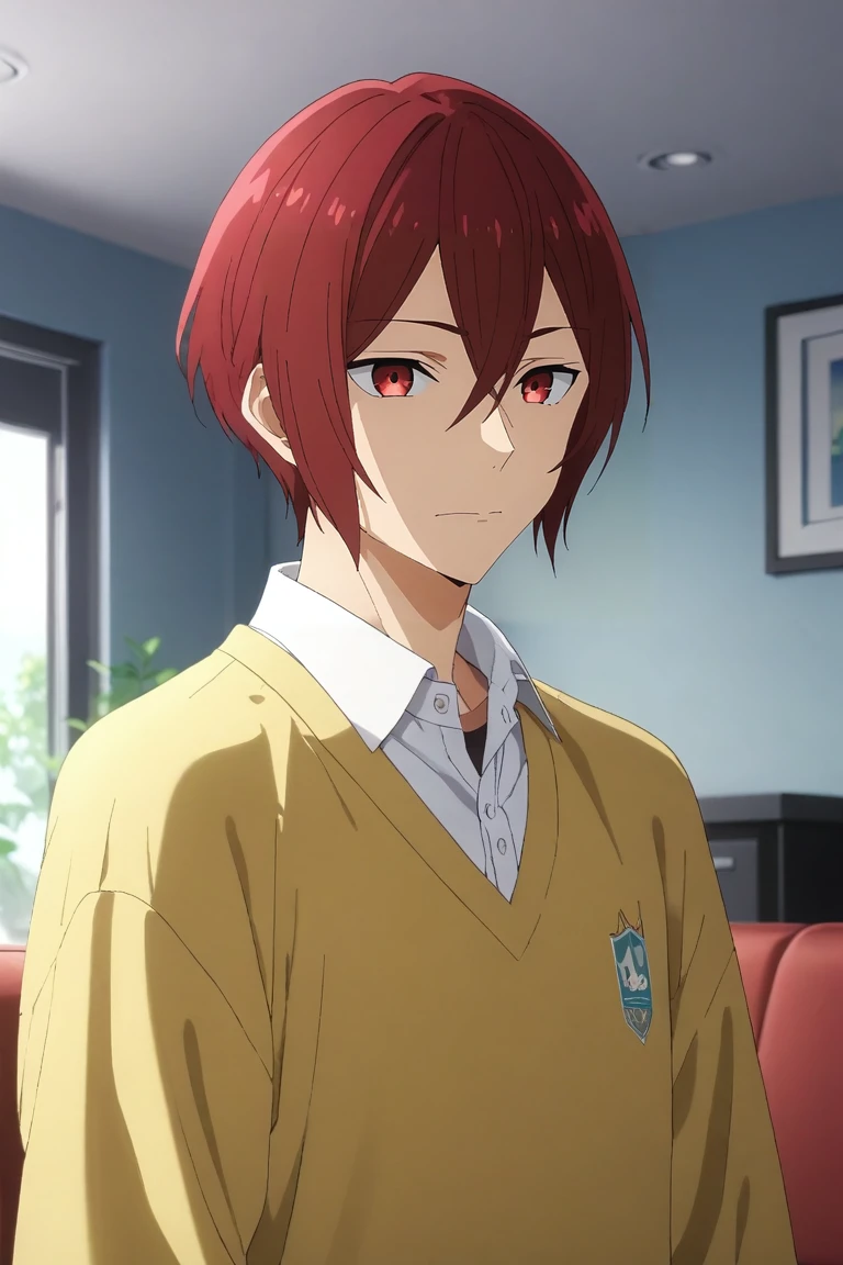 score_9, score_8_up, score_7_up, source_anime, rating_safe, intricate details, anime screencap, , , , depth of field, 1boy, solo, male focus, <lora:kakeru_sengoku_pony:0.82>, kakeru_sengoku, red hair, red eyes, short hair, hair between eyes, panorama, living room, couch, indoors, light, standing, wavy mouth, , <lora:sdxl_lightning_8step_lora:1>