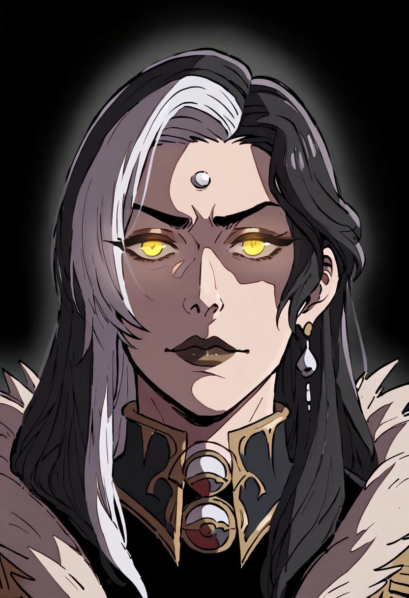 Emet Selch, 1girl, black background, black hair, brown  lips, earrings, fur trim, glowing, glowing eyes, jewelry, long hair, looking at viewer, multicolored hair, portrait, third eye, two-tone hair, white hair, yellow eyes, pauldrons, beautiful zPDXL