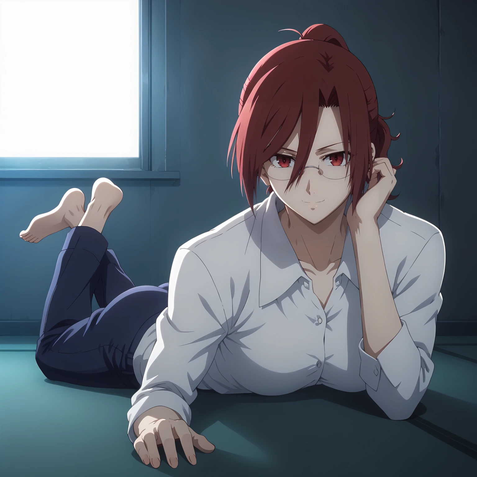 <lora:ToukoAozakiXLpony001>,looking at viewer,smile,
solo,
ToukoAozaki,1girl,red hair,ponytail,red eyes,eyewear,
collared_shirt,white shirt,(shirt_tucked_out:1.2),
pants,
cowboy shot,
full body,on stomach,the_pose,