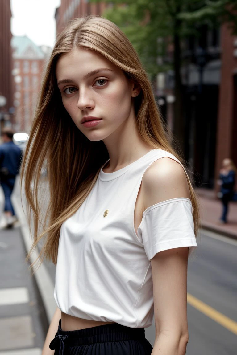 <lora:kawaii7.1.3_obj20:0.75:0.25>, European woman, closeup, (shirt), pants, (streets of boston), (), ZM_fien, wide shoulders, perfect face, (contact iris: 1.1), pale skin, skin pores , depth of field