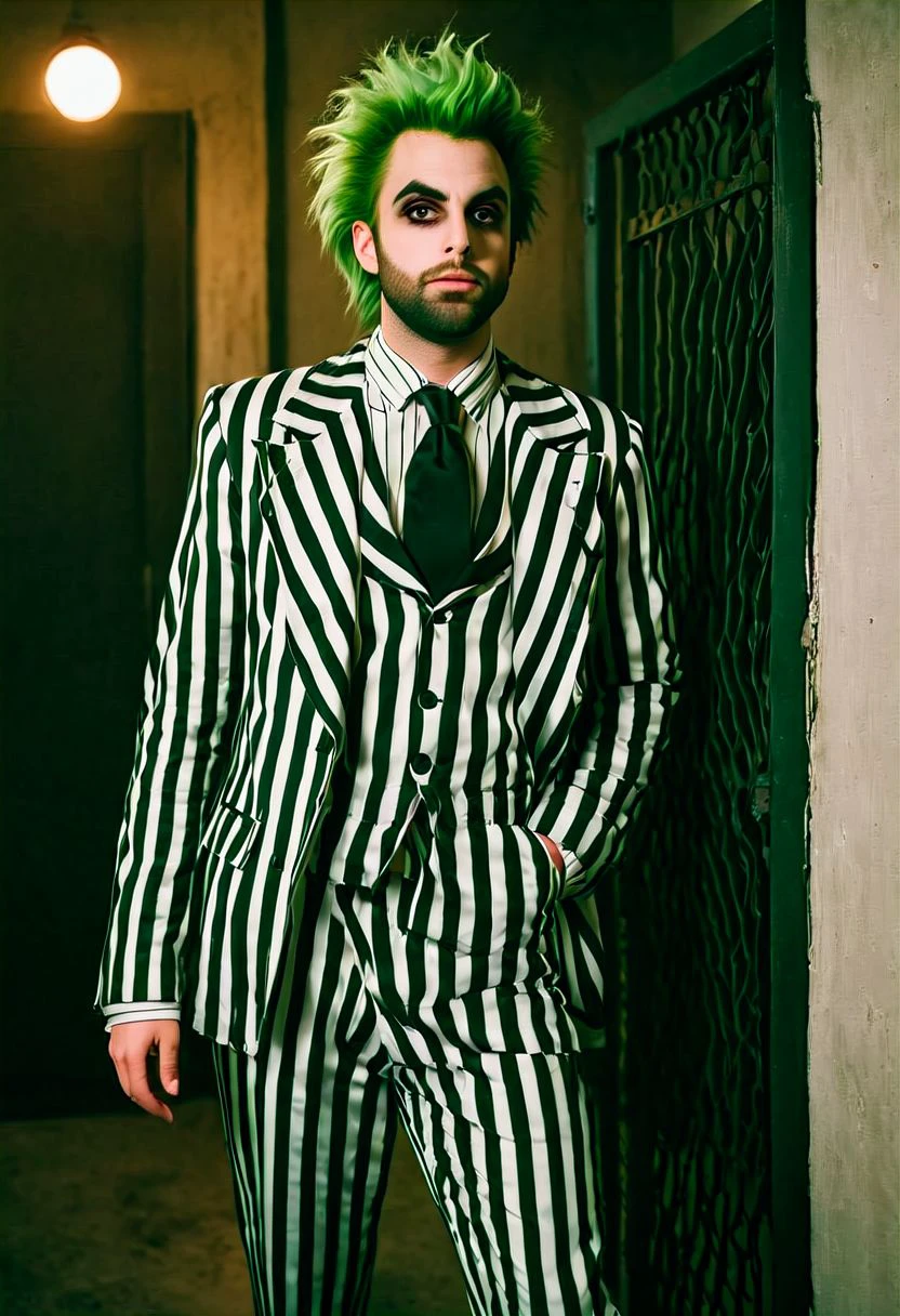 bjzzs, 1boy,suit, standing, jacket, beard, pinstripe pattern, vertical stripes, long sleeves, necktie, green hair, pants, shirt, striped, formal, prison clothes, poltergeist vibes, beetlejuice beetlejuice beetlejuice, Lomo, Shot on 70mm, Warm Color Palette, Kodachrome, ProPhoto RGB, Rim Lights, Backlight, Natural Lighting, masterpiece, official photography, best poltergeist, best quality