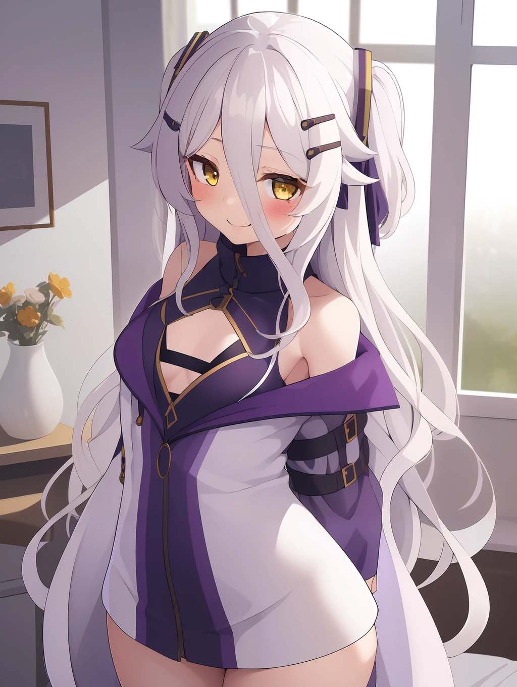 (masterpiece), 1girl, looking at viewer, smile, blushing, standing, arms behind back,
bedroom, window,

Henya, white hair, wavy hair, long hair, short twintails, , hair between eyes, yellow eyes, hairclip, ahegao, small breasts,
purple coat, bare shoulders,  thighs, large sleeves, turtleneck,

 <lora:HenyaTheGenius:0.6> <lora:Gloss_Tweaker_V2:-0.5> 