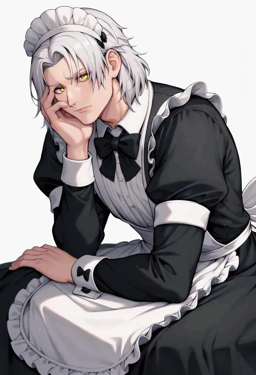 Emet Selch, 1boy, alternate costume, apron, black bow, black bowtie, black dress, bow, bowtie, center frills, closed mouth, crossdressing, dress, enmaided, feet out of frame, frilled apron, frilled dress, frills, hand on own face, hand up, head rest, invisible chair, long sleeves, looking at viewer, maid, maid apron, maid headdress, male focus, medium hair, puffy short sleeves, puffy sleeves, shirt, short sleeves, simple background, sitting, squiggle, white apron, white background, white hair, white shirt, wrist cuffs, yellow eyes zPDXL