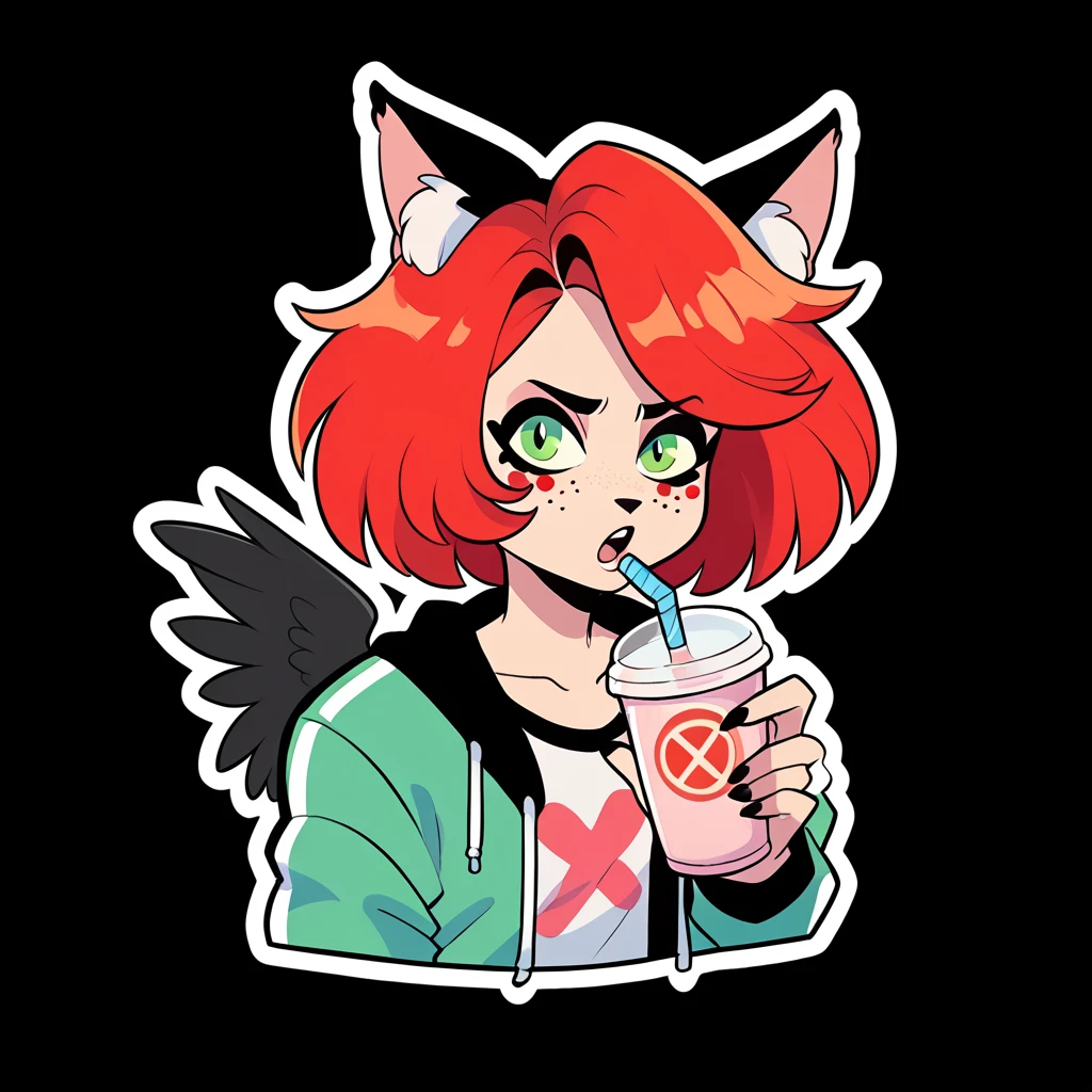 1girl, female focus, wings, animal ears, open mouth, :P , drinking straw, sipping, cup, buff, muscular, solo, green eyes, red hair, feathered wings, looking at viewer, jacket, black wings, freckles, drawstring, open clothes, upper body, open jacket, cat ears, animal ear fluff, simple background, black background, HashbinPnyXL PonyXLV6_Scores, twitch emote, chibi, outline, sticker, <lora:NijiEmotePDXL:1>