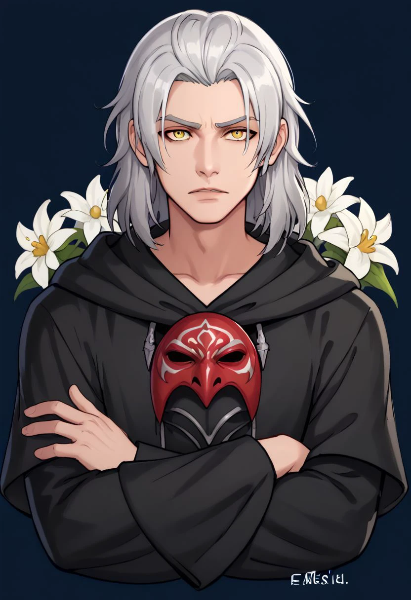 Emet Selch, 1boy, artist name, black robe, blue background, cropped torso, crossed arms, flower, grey hair, hood, hood down, long sleeves, looking at viewer, male focus, mask, mask around neck, mask removed, medium hair, robe, upper body, white background, white flower, white hair, yellow eyes zPDXL