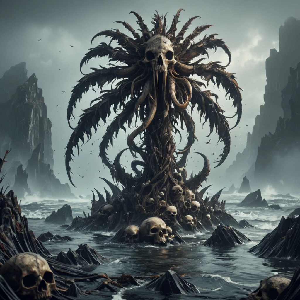 <lora:EPSavageVerseSDXL2:1>, EPSavageVerse, grimdark, primal, feral motifs, tribal symbols, post-apocalypse, dark fantasy, giant prehistoric sea lilies swaying in the current of an ancient sea