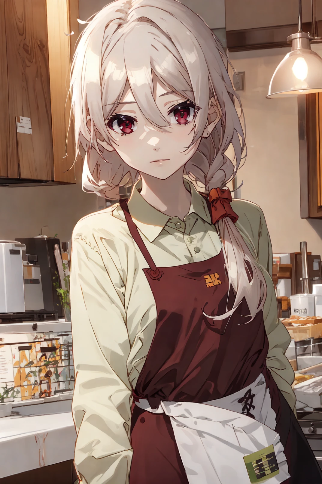 skirt, long sleeves, apron, bangs, white shirt, side ponytail, polo shirt, green apron, looking at viewer, shirt, bow,Sella_fk, hair over shoulder, long hair, hair ornament, hair between eyes,
