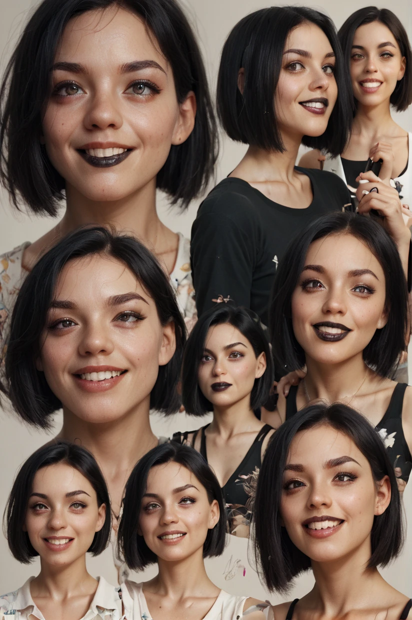 score_9, score_8_up, score_7_up, score_6_up, score_5_up, score_4_up, rating_safe, black hair, bob cut, black lipstick, smile, multiple views <lora:C0L14G3:1>