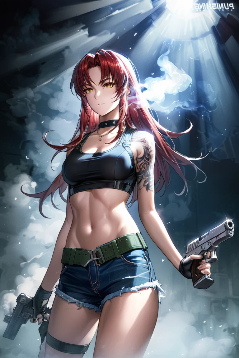 a dynamic digital painting artwork of a fierce female warrior with long red hair and yellow eyes, wearing a crop top, denim shorts, and black gloves, holding a handgun with smoke, intense lighting, dramatic atmosphere, inspired by Revy from Black Lagoon, high contrast, cinematic colors, created in a painterly style with attention to intricate details âar 4:5 âupbeta<lora:EMS-365046-EMS:0.800000>, <lora:EMS-266456-EMS:0.800000>, <lora:EMS-335737-EMS:1.000000>