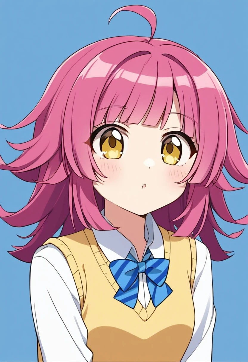 1girl, 1 tennouji rina, yellow eyes, white shirt and blue bowtie and yellow sweater vest otonokizaka school uniform, simple blue background