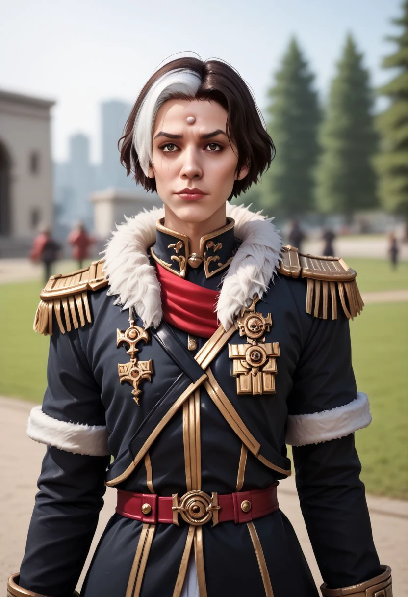 Emet Selch, 1boy, black hair, blurry, blurry background, brown eyes, brown hair, epaulettes, fur trim, gloves, lips, long sleeves, male focus, military, military uniform, multicolored hair, nose, outdoors, realistic, short hair, streaked hair, two-tone hair, uniform, upper body, white gloves, white hair zPDXL