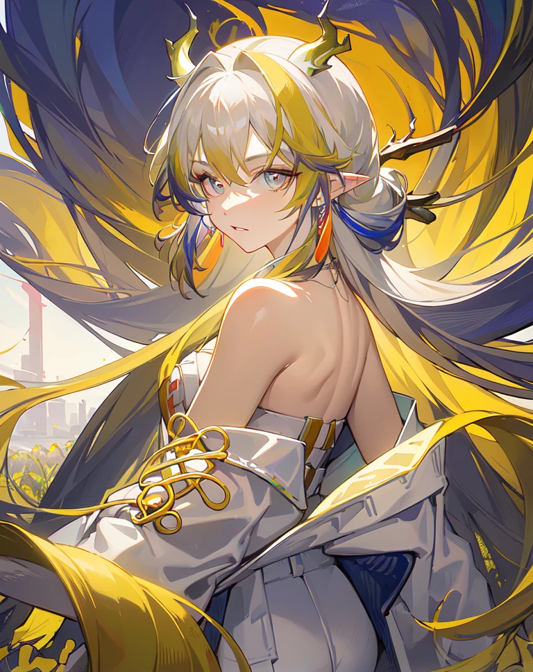 <lora:shu:0.7>,solo,1girl,long_hair,looking_at_viewer,pointy_ears,bare_shoulders,multicolored_hair,jewelry,horns,masterpiece,best quality,highres,absurdres,