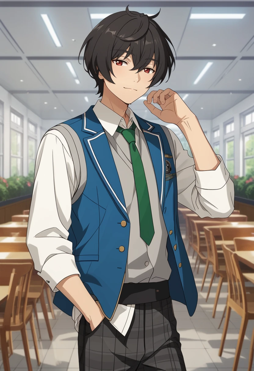 score_9, score_8_up, score_7_up, masterpiece, best quality, cute, male focus, solo, Ritsu Sakuma, black hair, red eyes,blue jacket, green necktie, white shirt, plaid pants,grey vest<lora:EMS-364769-EMS:1.000000>