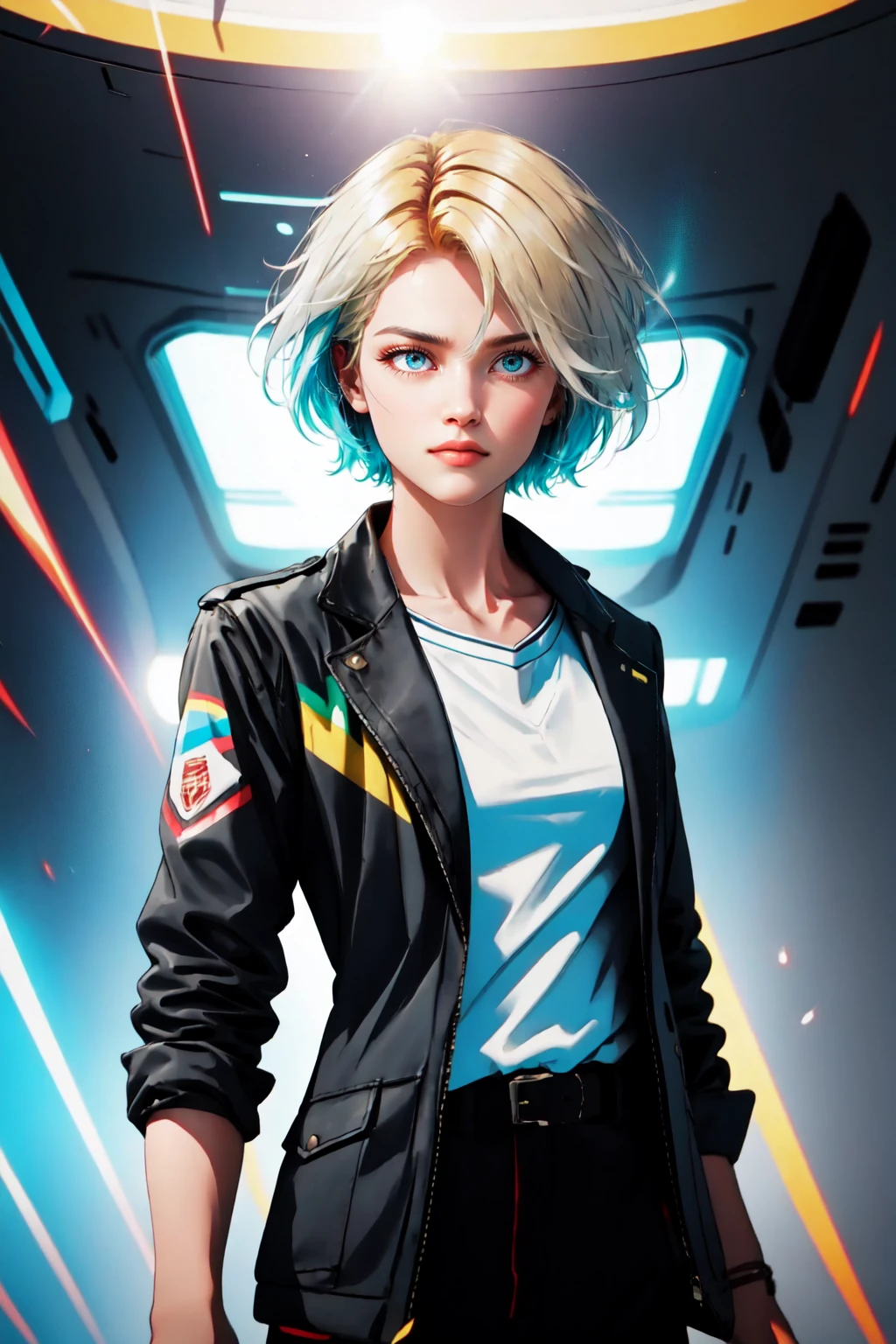 white shirt, jacket, 1girl, female focus, prismaticdskstyle, short hair , <lora:Prismatic:0.8>