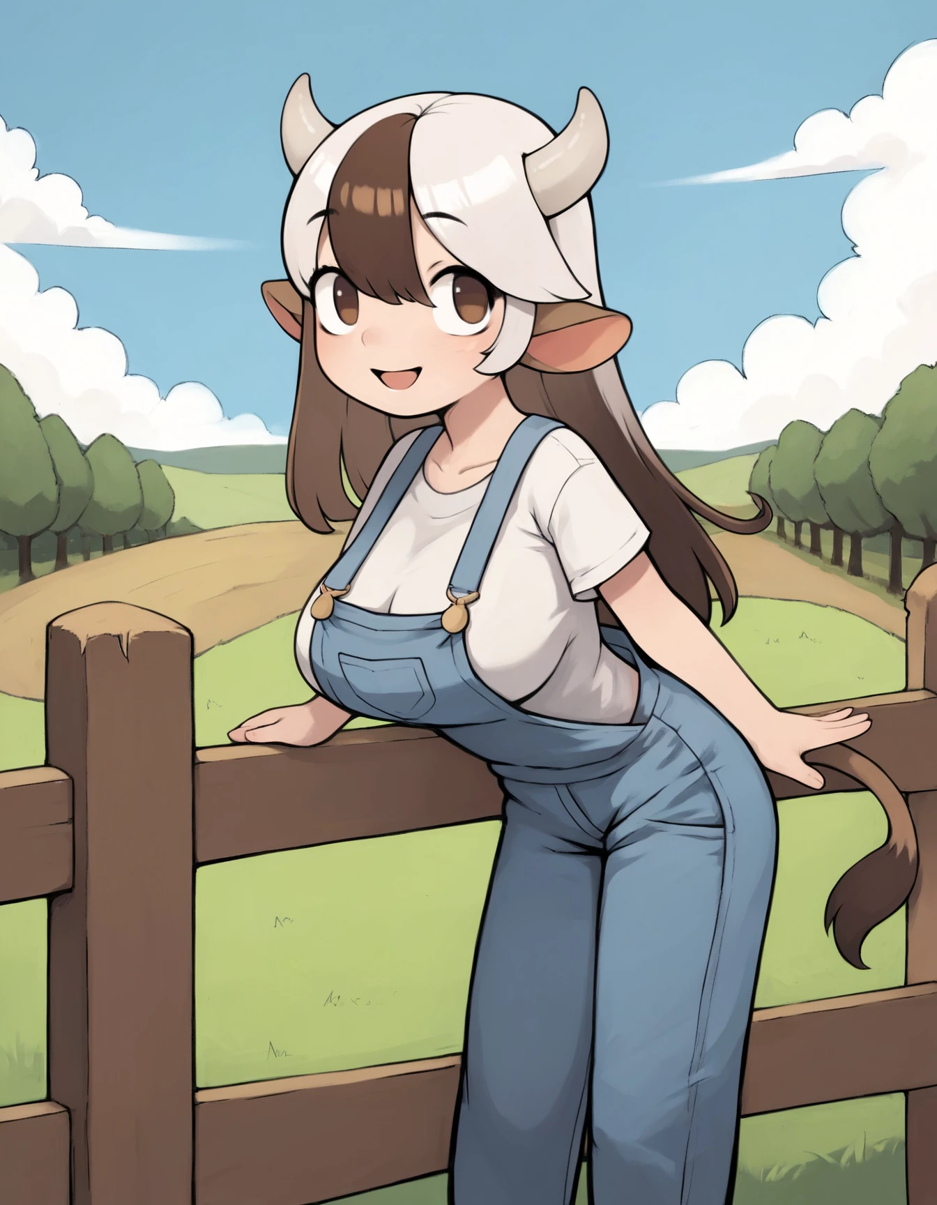 Female tall, young anthropomorphic bovine. Her broad shoulders sloped gracefully into a powerful torso, sleek fur covering the body, light green eyes, wavy hair, cow snout, cow tail, burly, A set of ivory horns their tips gently curling outward, strong powerful frame, shy smile, blushing, looking back over shoulder, wearing only overalls, in a barn full of hay