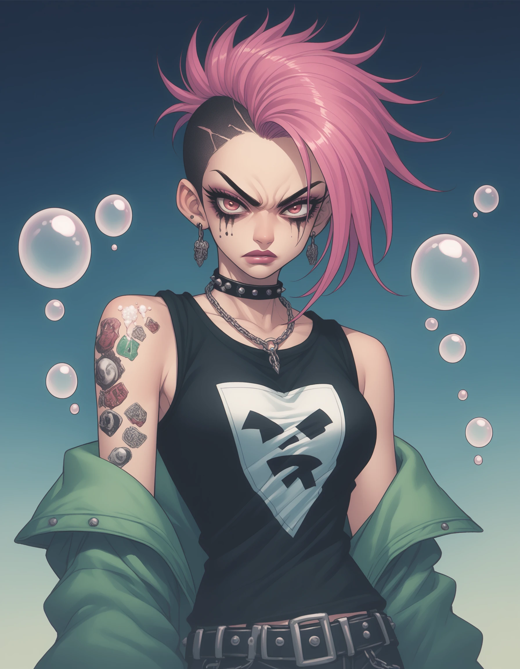 drunken beautiful woman as delirium from sandman, (hallucinating colorful soap bubbles), punk rock, tank girl, high detailed, 8k, AniPnyXLQual