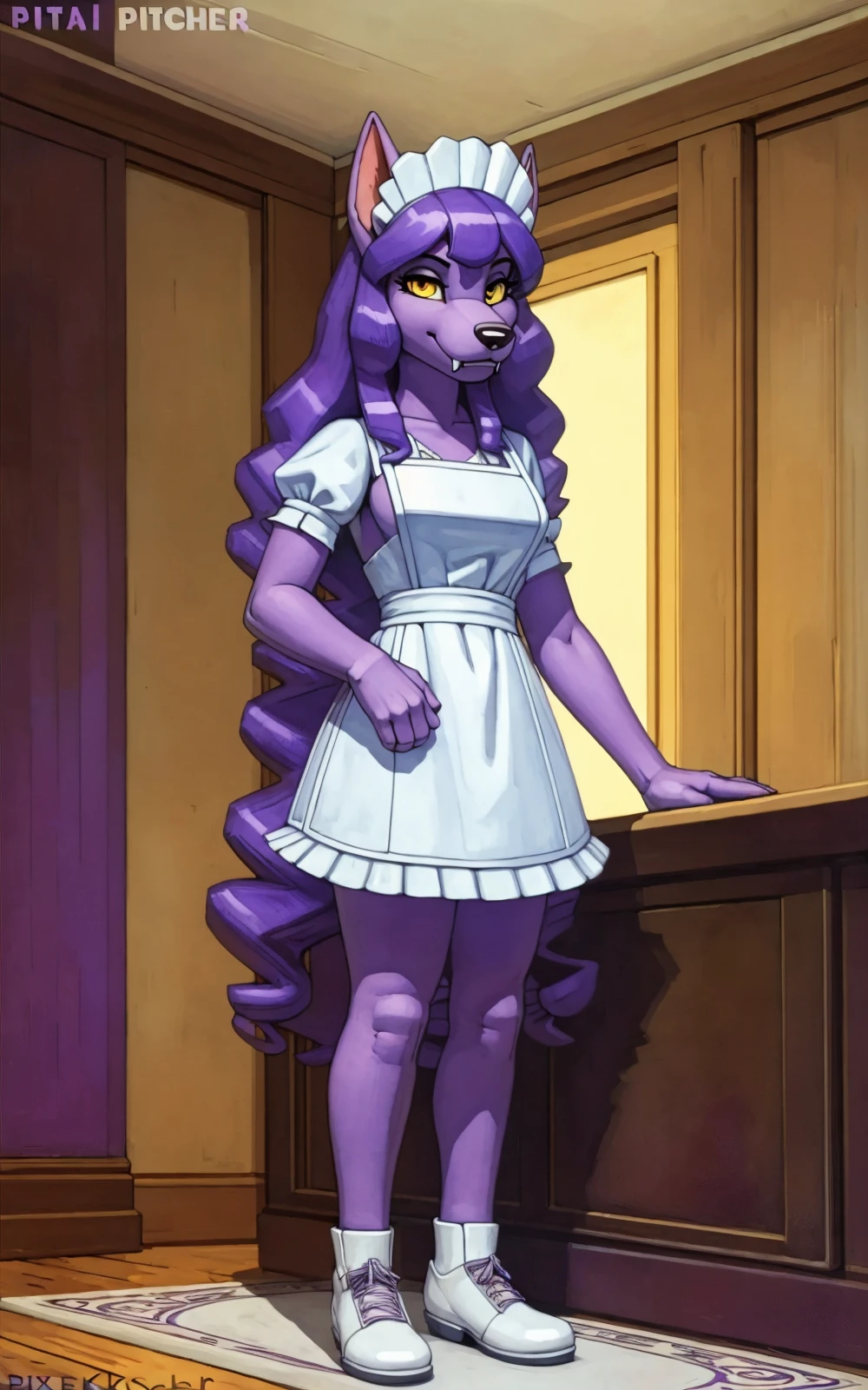 8k,4k,((Best quality, masterpiece, ultra high resolution)),((full body, by pixelsketcher)), <lora:FloraForzaHidemaru:0.65>,FloraForzaHidemaru,furry, female furry, purple skin, purple hair, dog girl, animal ears, long hair, fangs, yellow eyes, curly hair,maid uniform, inside, house,white shoes
