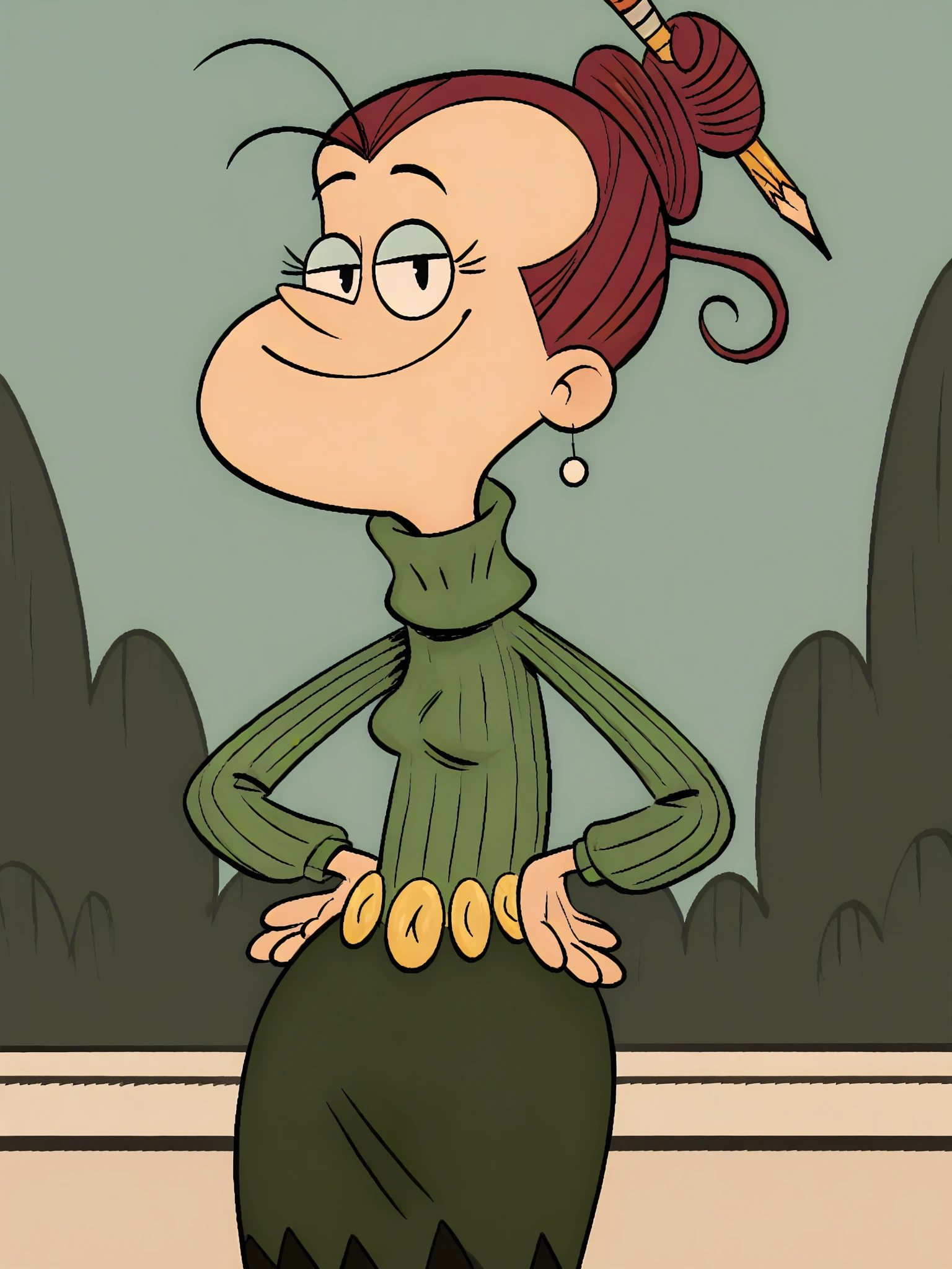 <lora:AgnesJohnsonPony1.0:1>agnesj, pencil in hair, turtleneck, solo, single hair bun, green sweater, belt, green skirt,smile, looking at viewer, hand on own hip,, score_9, score_8_up, score_7_up, score_6_up, score_5_up, score_4_up