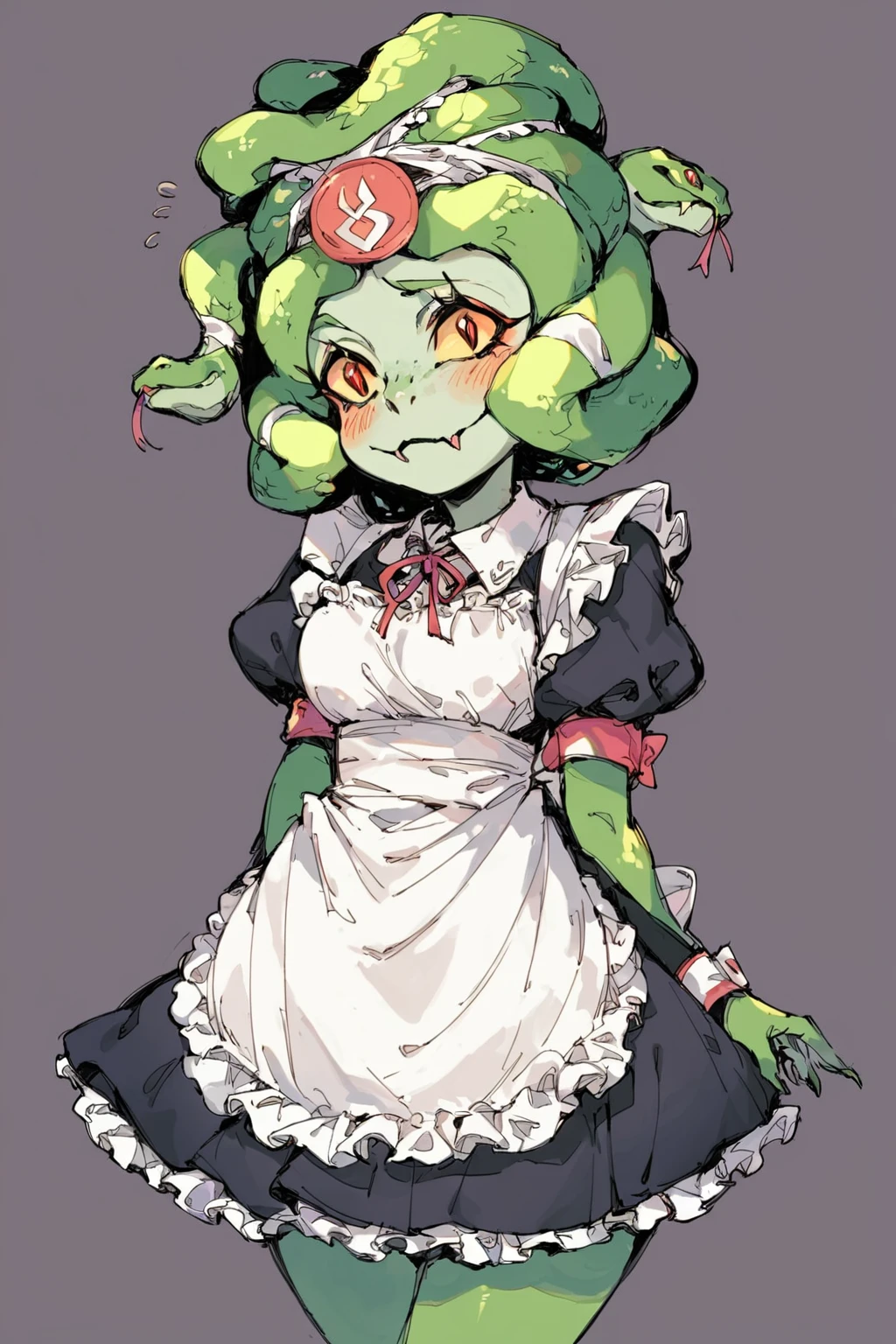 score_9, score_8_up, score_7_up, score_6_up, score_5_up, <lora:Dusa_Hades:1> source_anime, dusa, gorgon, bandage, medallion, snakehair, blush, body, maid outfit