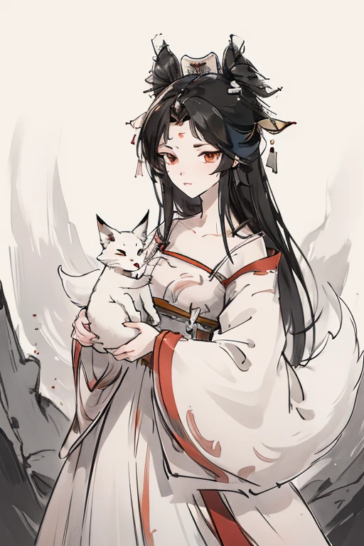 <lora:sanweihu:1>,sanweihu,1girl,solo,long hair,white background,hair ornament,chinese clothes,arms at sides,black hair,tail,multiple tails,fox tail,jewelry,dress,simple background,long sleeves,earrings,hanfu,forehead mark,sash,white dress,hair stick,
<lora:Freehand_Brushwork:0.4>,<lora:animeLineartMangaLike_v20Offset:0.2>,lineart,(very long hair:1.3),
portrait,dynamic_angle,front view,kittew,cuteg,flat chest,small_breasts,looking_at_viewer,close-up,(Holding a little fox:1.2),(holding_animal:1.2),fox,, best quality , masterpiece, illustration, an extremely delicate and beautiful, extremely detailed ,CG,unity,8k wallpaper, Amazing, finely detail, masterpiece, best quality,official art,extremely detailed CG unity 8k wallpaper,absurdres, incredibly absurdres, huge filesize , ultra-detailed, highres, extremely detailed,beautiful detailed girl, extremely detailed eyes and face, beautiful detailed eyes,light on face,