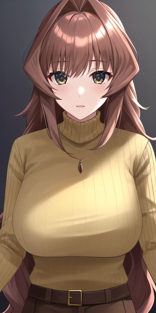 <lora:MarimoV4:0.7> jinguuji_marimo, huge_breasts, standing, solo, yellow_ribbed_sweater_turtleneck_brown_long_skirt_brown_belt_pendant, masterpiece, best_quality, detailed_face, detailed_eyes, highres, beautiful, detailed, absurdres,