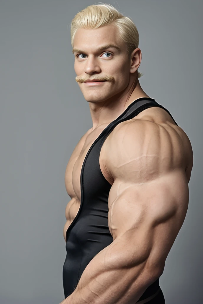 absurdres, (looking at viewer:1.1), (RAW photo), (upper body:1.2), (mustache:0.65), <lora:UlrichTS v1:0.7>, ulrichts, muscular, 1boy, solo, singlet, muscular male, grey background, flexing