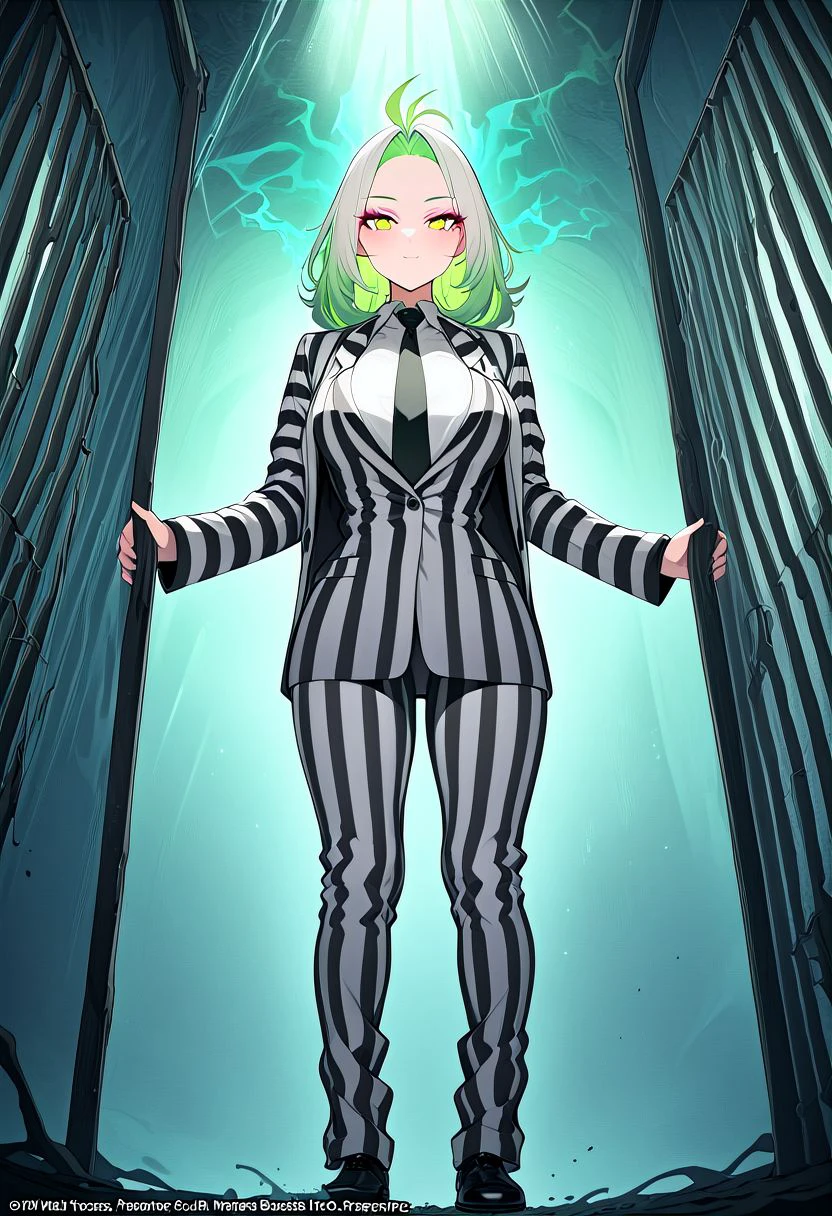 bjzzs, 1girl, female focus, makeup, dirt splotches, underworld vibes, suit, standing, jacket, beard, pinstripe pattern, vertical stripes, long sleeves, necktie, green hair, pants, shirt, striped, formal, prison clothes, poltergeist vibes, beetlejuice beetlejuice beetlejuice, masterpiece, official photography, best poltergeist, best quality