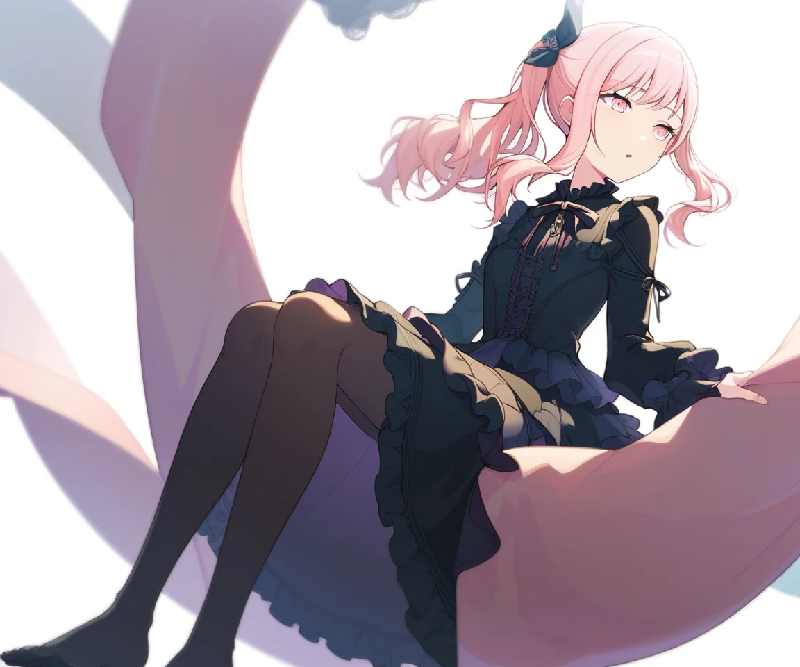 score_9,score_8_up,score_7_up,source_anime,
1other,
pink eyes, pink hair, long hair, sidelocks, side ponytail,bangs,
parted lips, sitting,legs together,
black ribbon, black pantyhose, black dress, neck ribbon, long sleeves,frilled dress, frilled sleeves,
feet out of frame, white background, simple background,
<lora:last-000012:1>