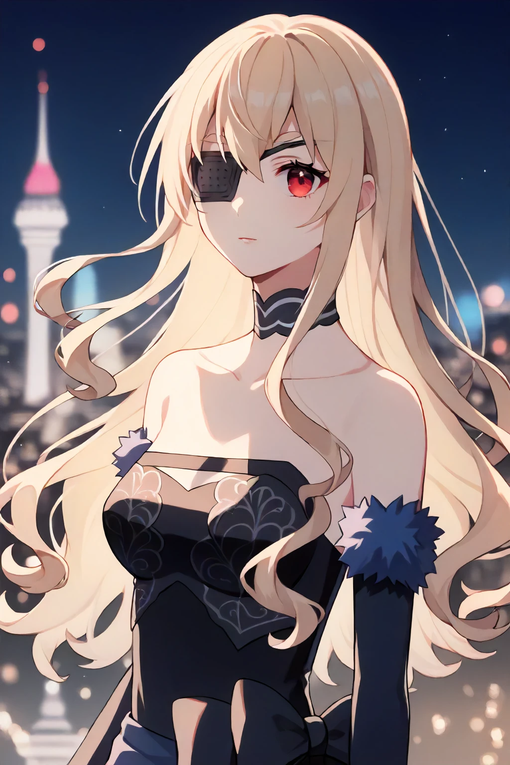 score_9, score_8_up, score_7_up, source_anime BREAK
masterpiece, best quality,
1girl, noel cerquetti, blonde hair, red eyes, long hair, strapless dress, fur-trimmed gloves, elbow gloves, black choker, black eyepatch, black bustier, collarbone
,delicate, beautiful,colorful, vividcolor, lighting, city, night, upper body
<lora:noel_cerquetti_pony:1>, (masterpiece, best quality:1),