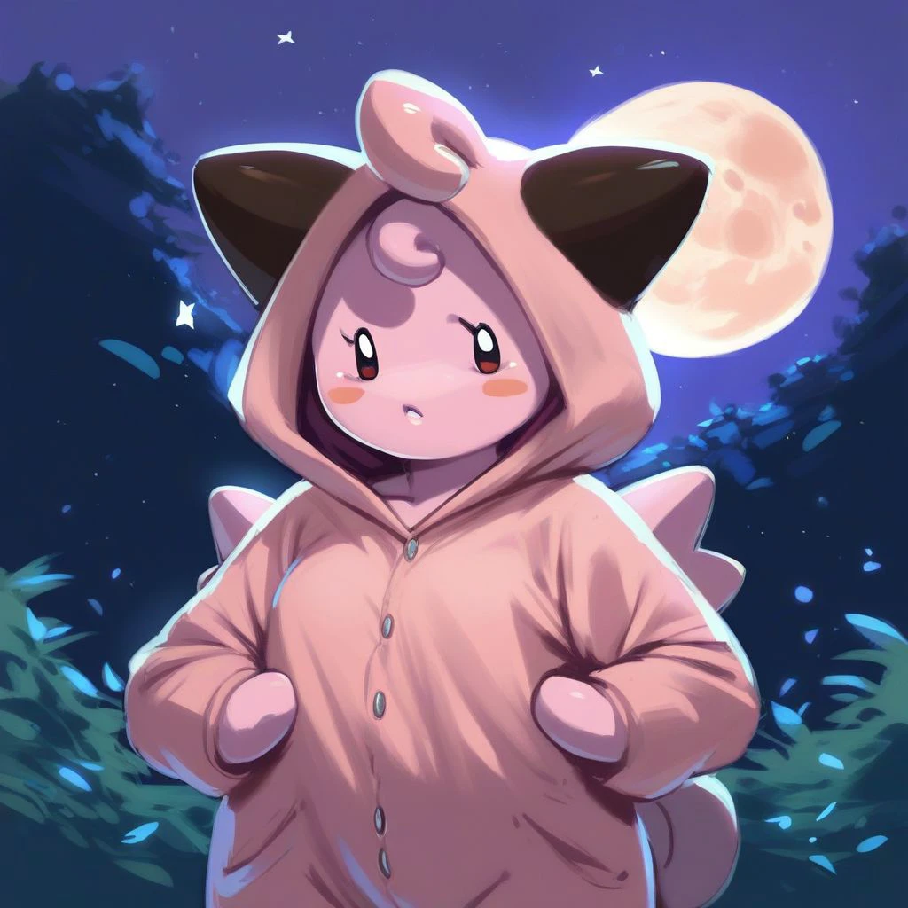 score_9,score_8_up,score_7_up,score_6_up,score_5_up,score_4_up, Pokemon (creature), pink hair, pink skin, curly hair, short hair, black eyes, 1girl, solo, anthro, night, outdoors, moon, Cleffa, onesie, hood down, black onesie, parted lips