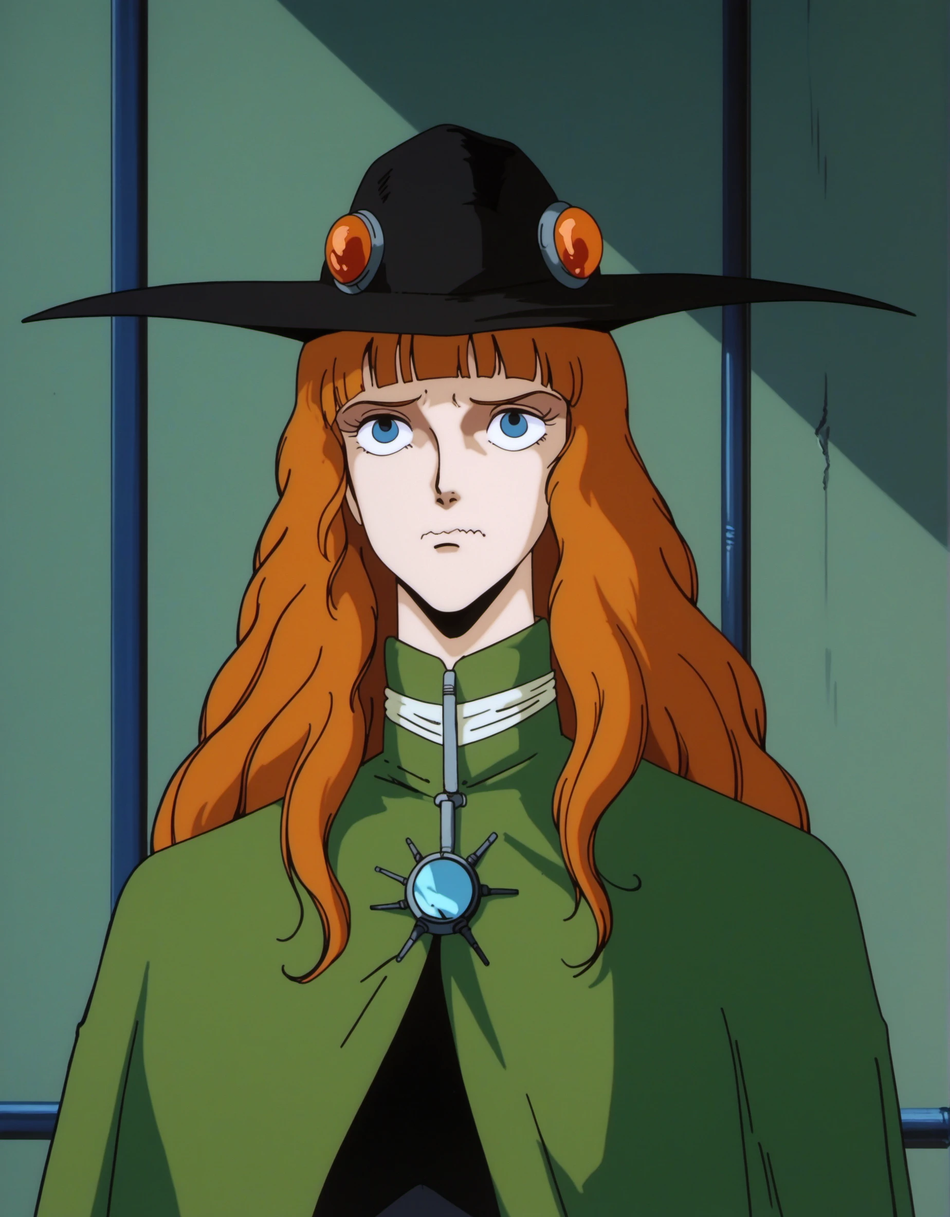 VHD85, score_9, score_8_up, score_7_up, score_6_up, source_anime, 1girl, wide-brimmed hat, black headwear, blue eyes, wavy mouth, hime cut, orange hair, suspender skirt, cybernetic body modification studio, body augmentations, biohacking enhancements, identity transformations