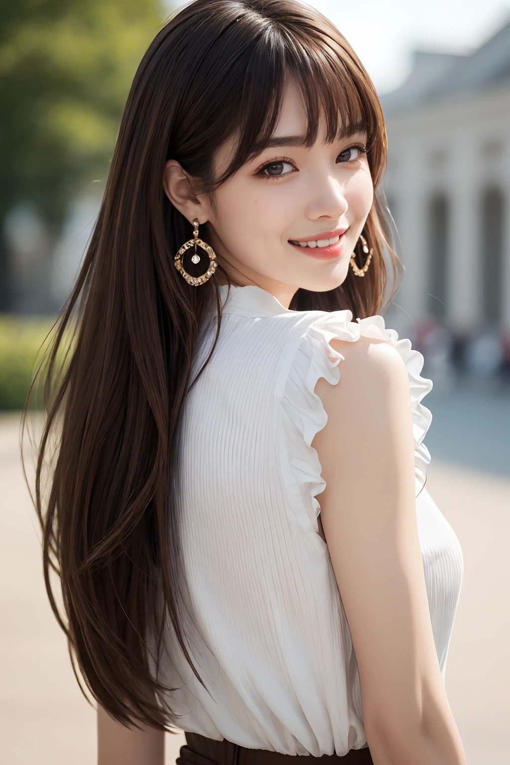 high quality, masterpiece, (realistic, photo-realistic:1.2) ,1girl, solo, jewelry, earrings, long hair, Fashion Clothes, looking at viewer, brown hair, outdoors, blurry, smile, upper body, bangs, brown eyes, lips, day, <lora:GoodHands-beta2:0.8>